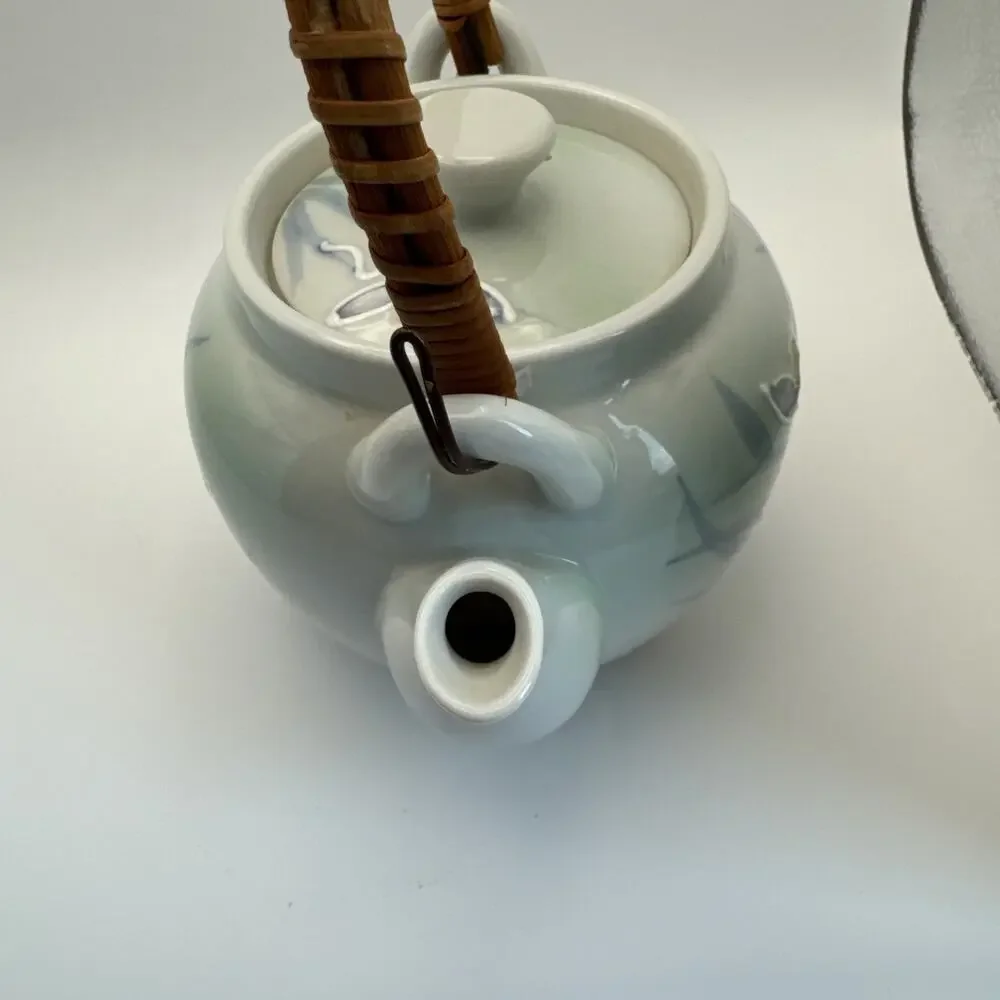 JAPANESE FINE‎ PORCELAIN CONTEMPORARY TEAPOT BLUE PINK FLORAL WOVEN HANDLE